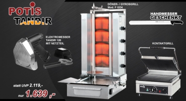 Paket Gyrosgrill F GD4, Elektromesser Tandir 120 mit Netzteil, Kontaktgrill PK2600 + GRATIS GESCHENK